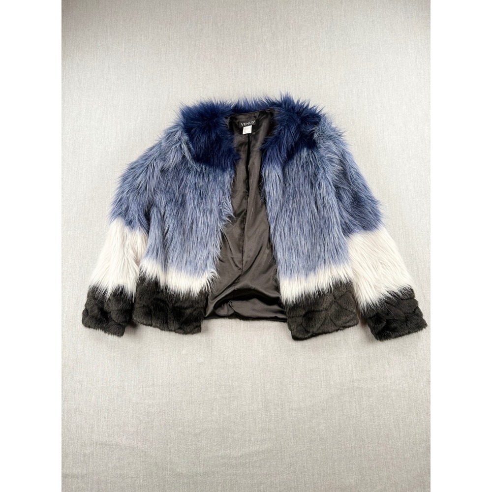 Venus Faux Fur Colorblock Jacket Blue Grey Cream Open Front Coat Womens Size 4